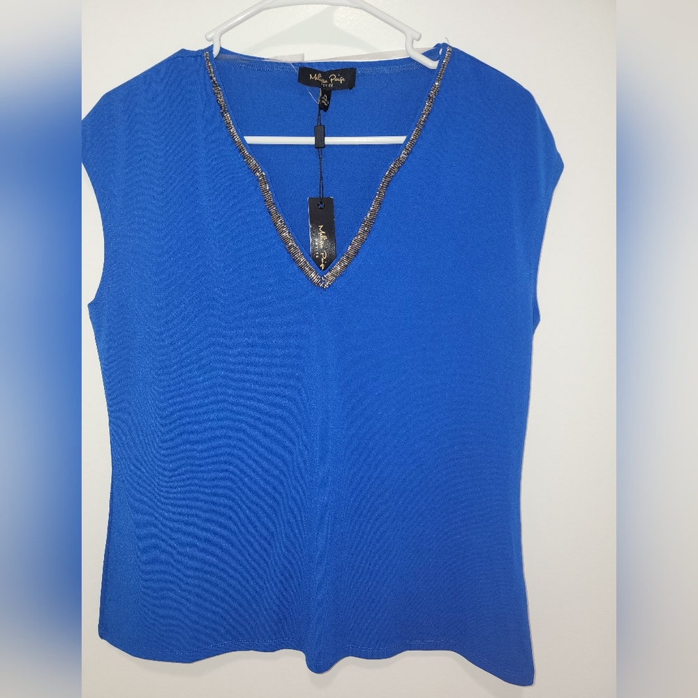 Michele Paige Royal Blue V-Neck Blouse with Beaded Trim MSRP $58